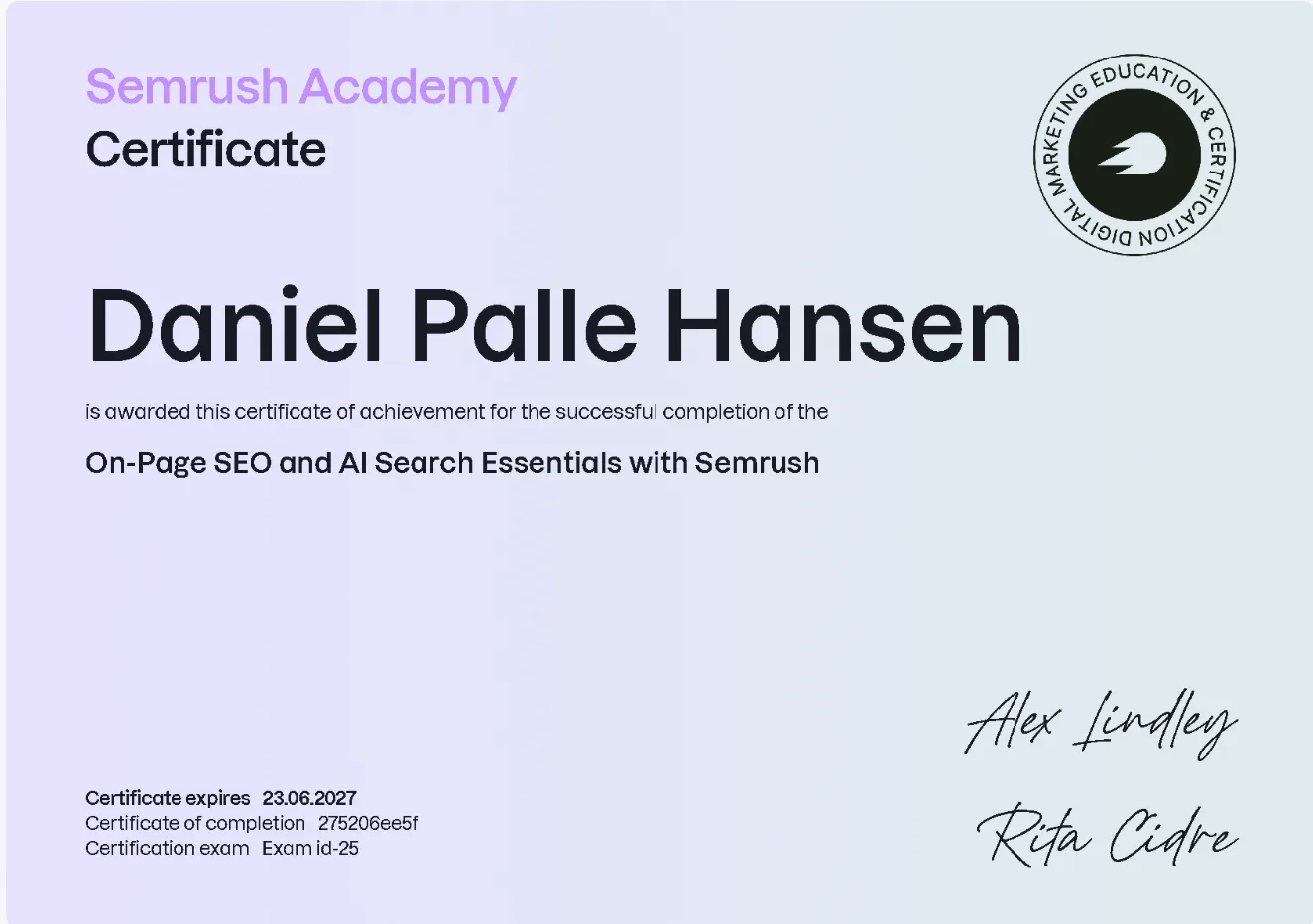 Semrush Academy-certifikat: On-Page SEO and AI Search Essentials, Daniel Palle Hansen