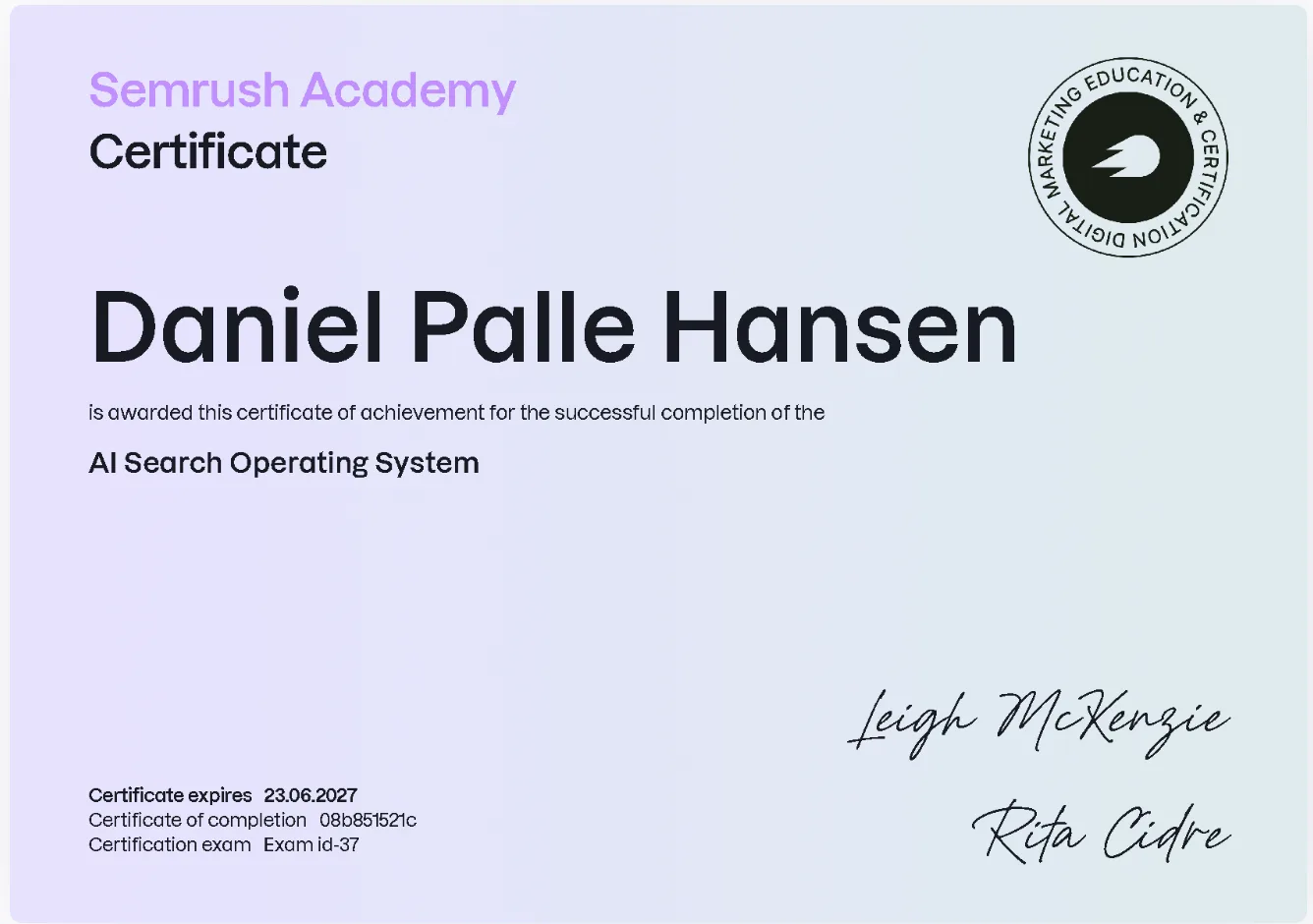Semrush Academy-certifikat: AI Search Operating System, Daniel Palle Hansen