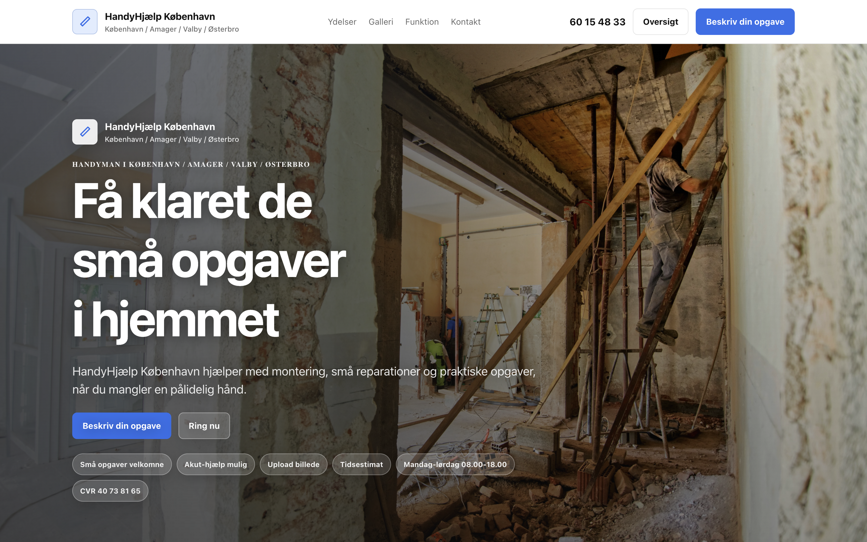 Hero screenshot for handyman hjemmeside